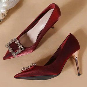 red rhinestones bridal shoes pointed single shoes female
